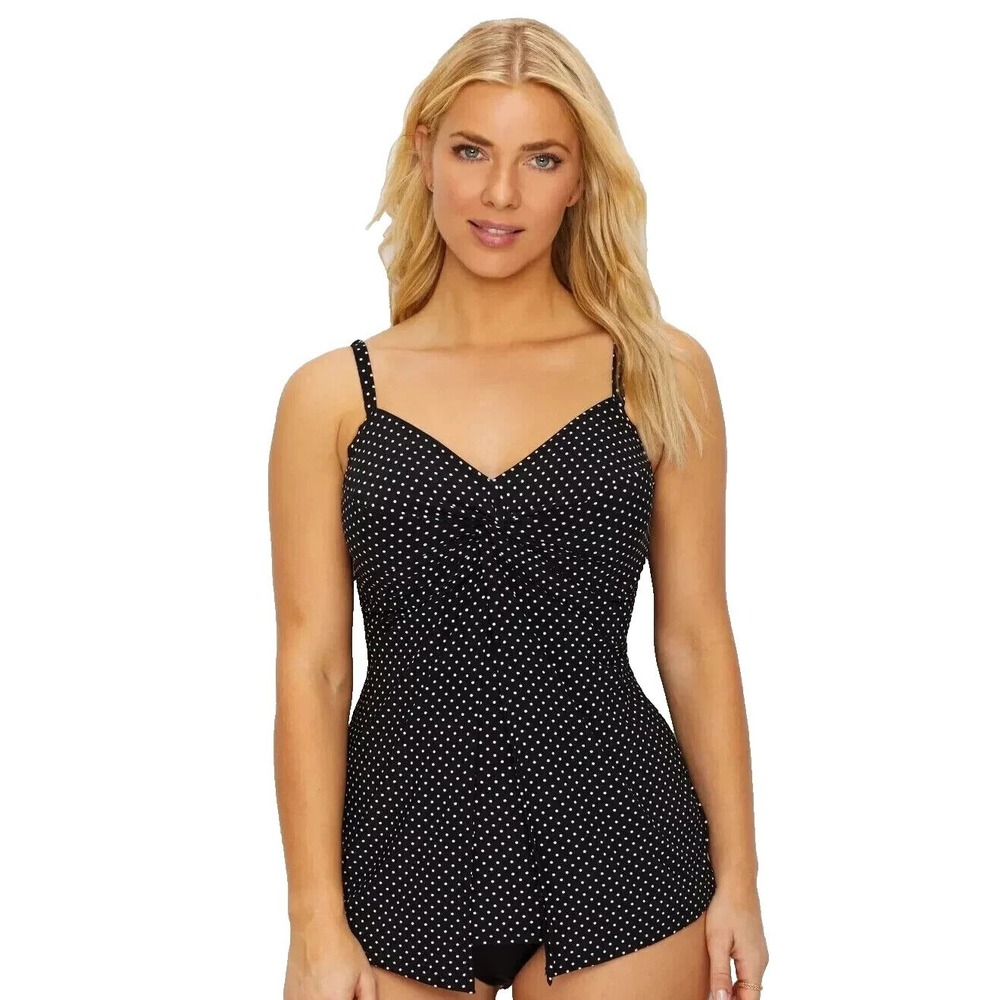Miraclesuit Women's Black White Polka Dot Pin Point Roswell Tankini Top Size 14